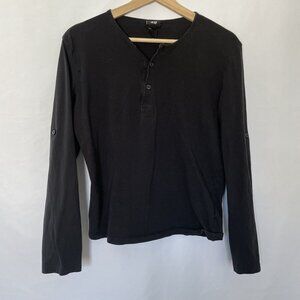 H&M women's Black Long-Sleeve Henley Shirt With Button Tab Sleeves Size M